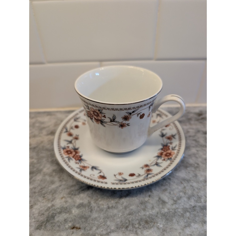 Sheffield Anniversary‎ Japan Footed Cup Saucer Rust Gray Flowers
